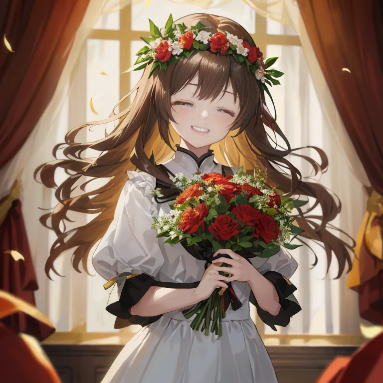 anime girl with long hair holding a bouquet of flowers, rin, portrait of ta, marin kitagawa fanart, kawacy, guweiz, anime moe artstyle, [[[[grinning evily]]]], from girls frontline, with flowers, guweiz on pixiv artstation, ( ( ( yoshinari yoh ) ) )