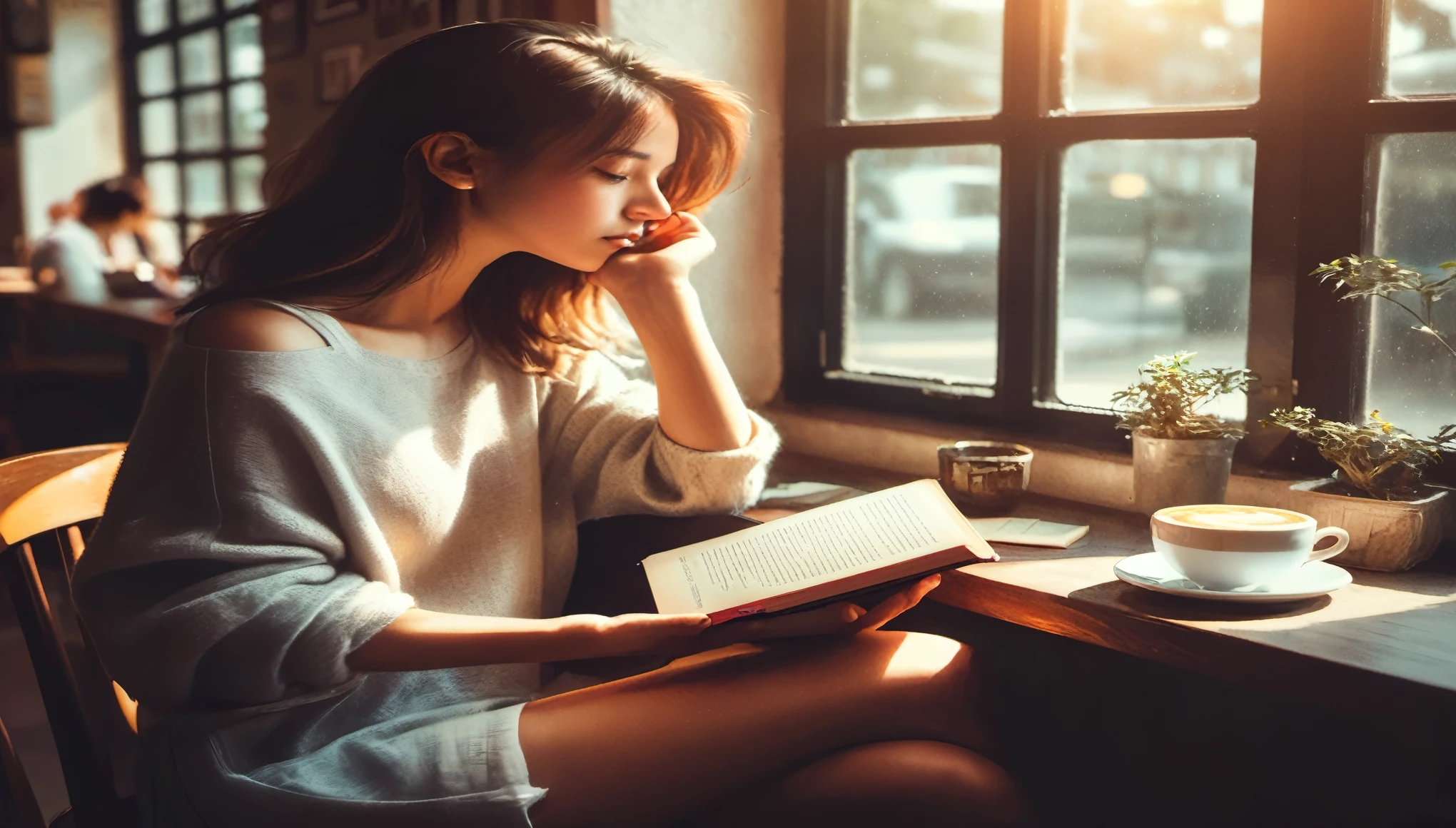 woman sitting at a table read a book and drinking coffee, read a book, read new book, read the book about love, infp young woman, radiant morning light, dramatic read book pose, Infup Girl, Sitting alone in a café, absolutely great image, beautiful images, read in library, portrait shot, read, village girl read a book