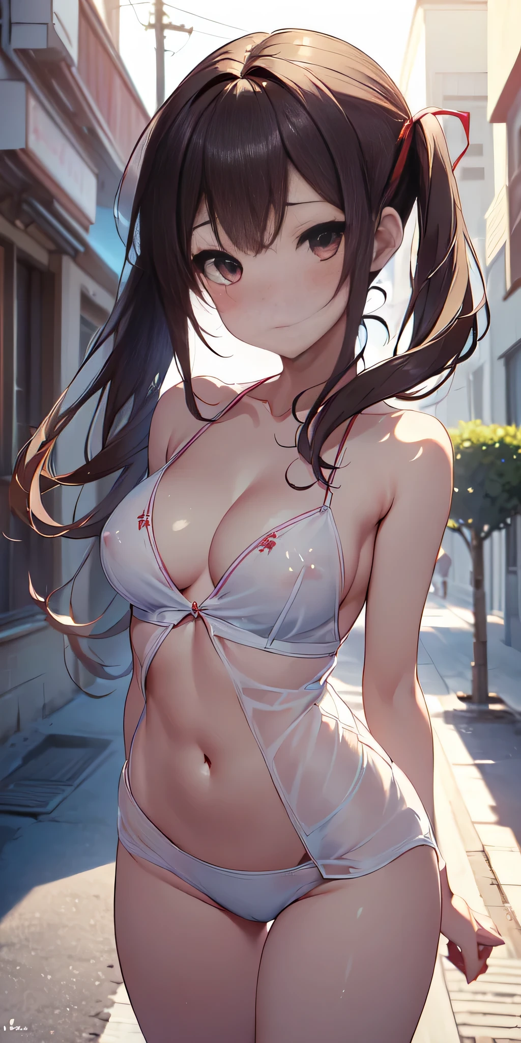 All intricate details: "(masterpiece, best quality, HuTao, 1girl, solo, blush, twintails, long hair, hair between eyes, ((very short street wear clothes)), city, outdoors, open legs, night, extremely detailed, firm breasts, medium breasts, smooth, high resolution, ((ultra quality, extremely thin and light clothing transparent as air)), cinematic lighting, ambient occlusion, extremely detailed anime, 80% nude, Extremely wide diamond neckline, all clothes unbuttoned and open, detailed faces, perfect composition, wide shot, atmospheric lighting, very sexy, lift skirt, random low angle, random sexy pose, random sexual angle, see nipple, uncensored, nsfw)