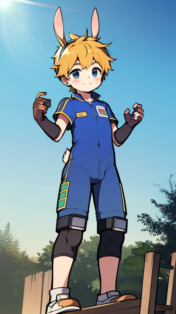 ((A young boy)),(Youthful feeling),One-piece mountaineering suit,slender figure,Healthy limbs,goggles,fingerless gloves,cotton socks,short sleeves,Smile,Rabbit ears,Rabbit Tail,standing,Top of crotch