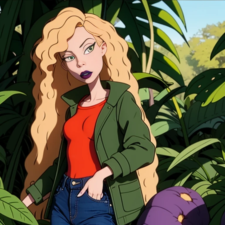 debbieb3rry, in jungle, long curly blonde hair, green jacket, orange shirt, torn jeans, purple lips, (intricate details), perfect eyes, perfect face, perfect lighting, beautiful, (masterpiece:1.2), (best quality:1.2)