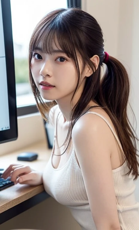 masterpiece、highest quality、16K、ultra high resolution、UHD,Depth of the bounds written、very detailed、soft light、professional lighting、Pale shading、Weak contrast、Japanese、beautiful girl、slender woman、Smooth, silky skin、clear white skin、daytime office、Window seat、sitting in front of the computer、A tight, lavender knit dress that hugs her breasts、(smooth and beautiful thighs:1.6)、(small breast:1.0)、flat chest、Childlike breasts、small areola、small nipples、beautiful nipples、Cherry-colored nipples、white breast、fine and beautiful eyes、(hanging eyes)、(thin eyebrows:1.8)、(thin lips:1.8)、natural makeup、natural color lip、gentle smile、(floating hair、long wavy hair、high ponytail),(The bangs are see-through bangs)、
