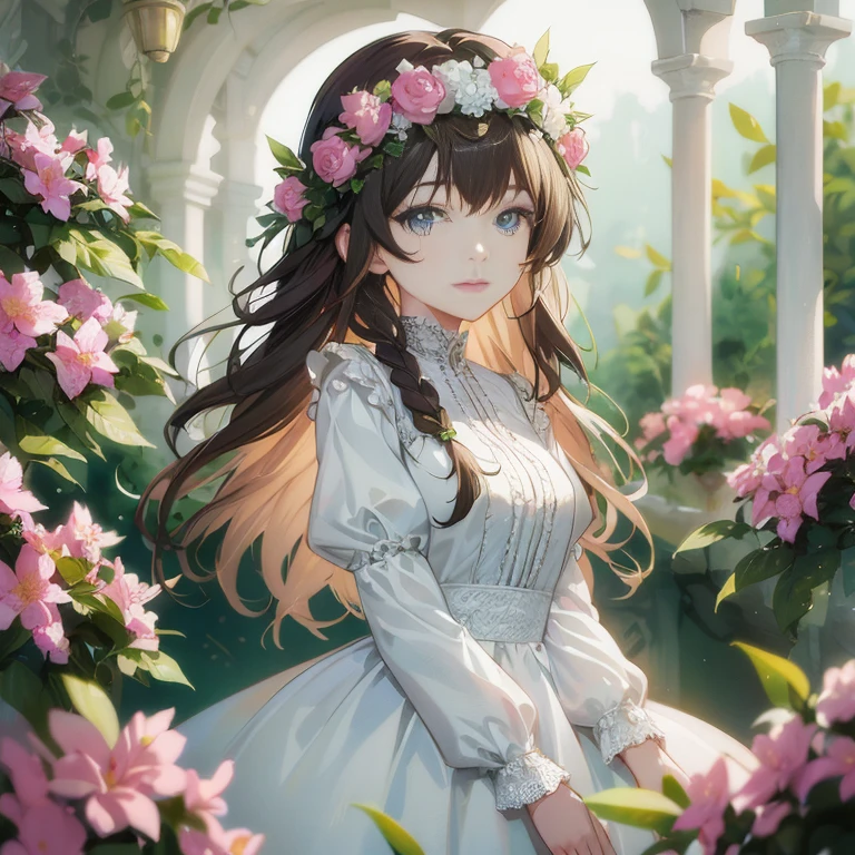 anime girl in a white dress with flowers in her hair, beautiful anime portrait, detailed digital anime art, guweiz on pixiv artstation, kawaii realistic portrait, beautiful maiden, artwork in the style of guweiz, beautiful anime girl, guweiz on artstation pixiv, beautiful anime, guweiz, smooth anime cg art, marin kitagawa fanart