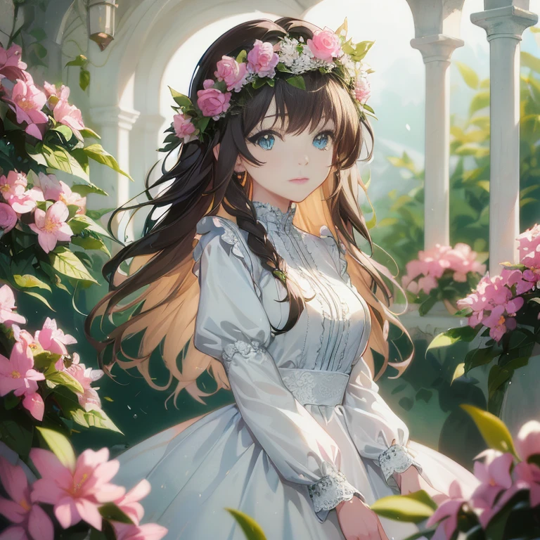 anime girl in a white dress with flowers in her hair, beautiful anime portrait, detailed digital anime art, guweiz on pixiv artstation, kawaii realistic portrait, beautiful maiden, artwork in the style of guweiz, beautiful anime girl, guweiz on artstation pixiv, beautiful anime, guweiz, smooth anime cg art, marin kitagawa fanart