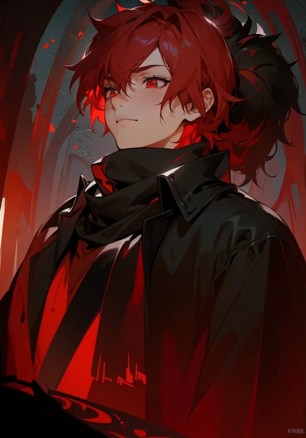 (a boy with darkened red hair, hidden eyes, highly detailed, emitting a dark aura, dressed in a black cloak, Anime boy, high quality, 8k)
(best quality, 8k, ultra-detailed, realistic:1.37), dark atmosphere, black background, intense shading, vibrant colors, intricate character design, dynamic pose, flowing red hair, glowing red eyes, striking facial features, brooding expression, mysterious aura, impeccable linework, meticulous attention to detail, anime-style rendering, dramatic lighting, atmospheric shadows, cinematic composition, intense emotions, epic scale, Olhos vendados, blindfolded