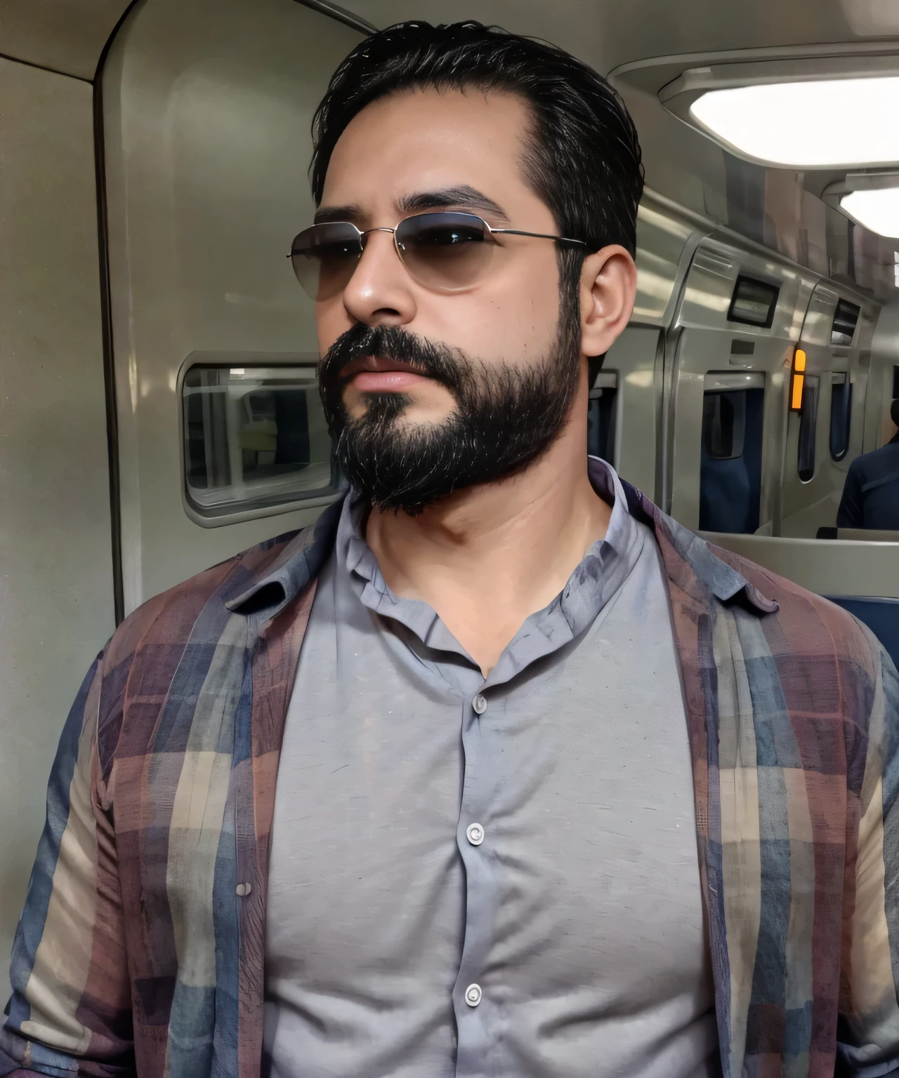 Parte superior del cuerpo, 38 year old man with beard and sunglasses. Hombre vistiendo ropa formal con camisa roja, on public transport .