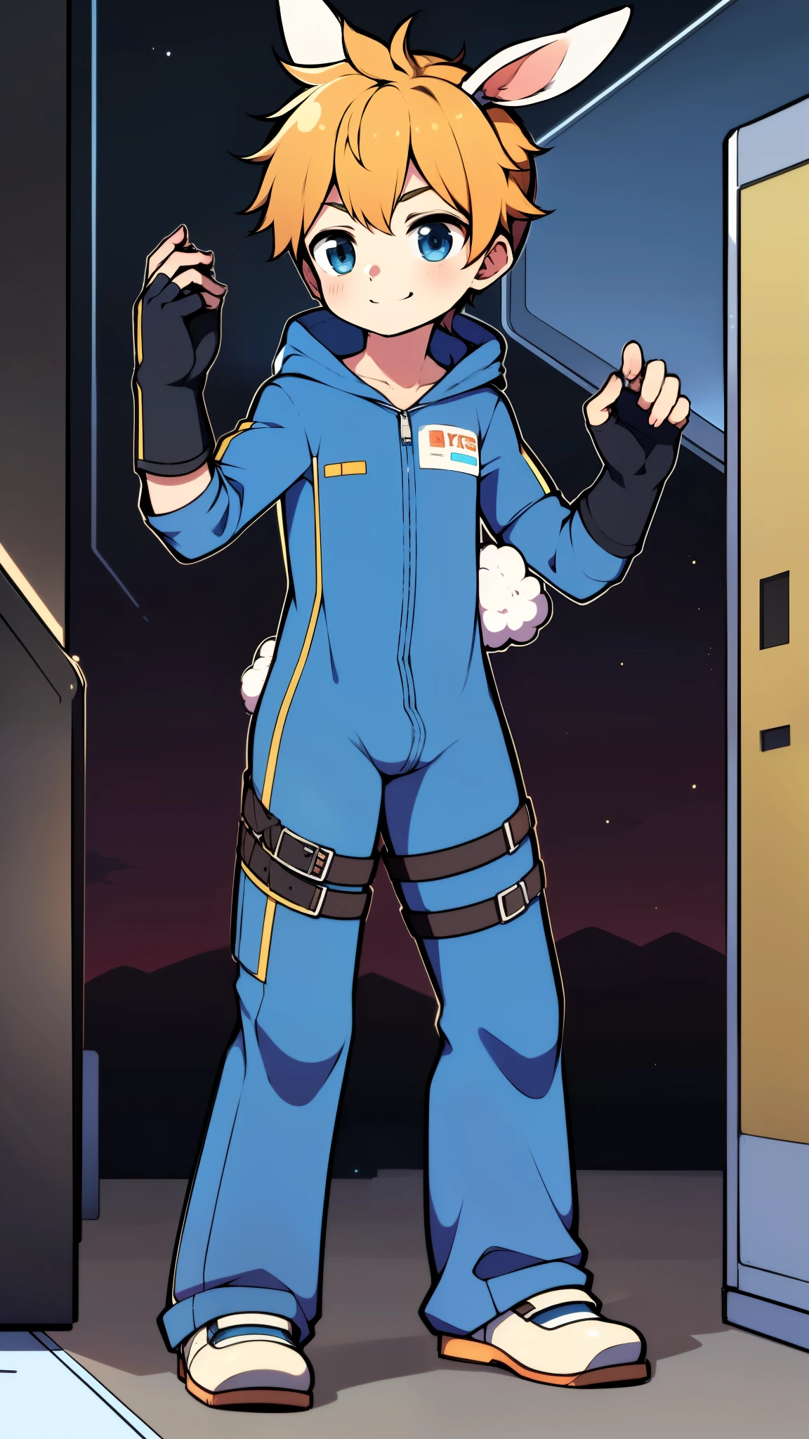 ((A  boy))，(Youthful feeling)，One-piece mountaineering suit，slender figure,Healthy limbs，goggles，fingerless gloves，cotton socks，short sleeves，Smile，Rabbit ears，Rabbit Tail，standing，Top of crotch