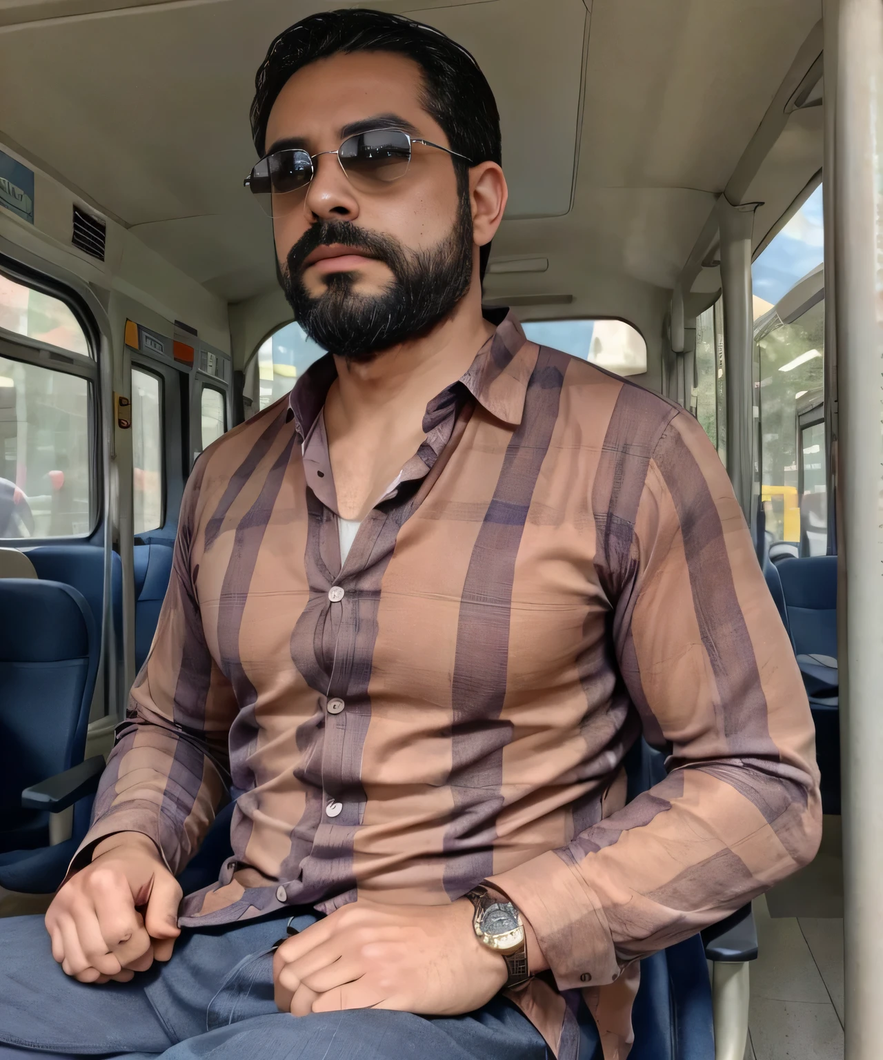 Parte superior del cuerpo, 38 year old man with beard and sunglasses. Hombre vistiendo ropa formal con camisa roja, on public transport .
