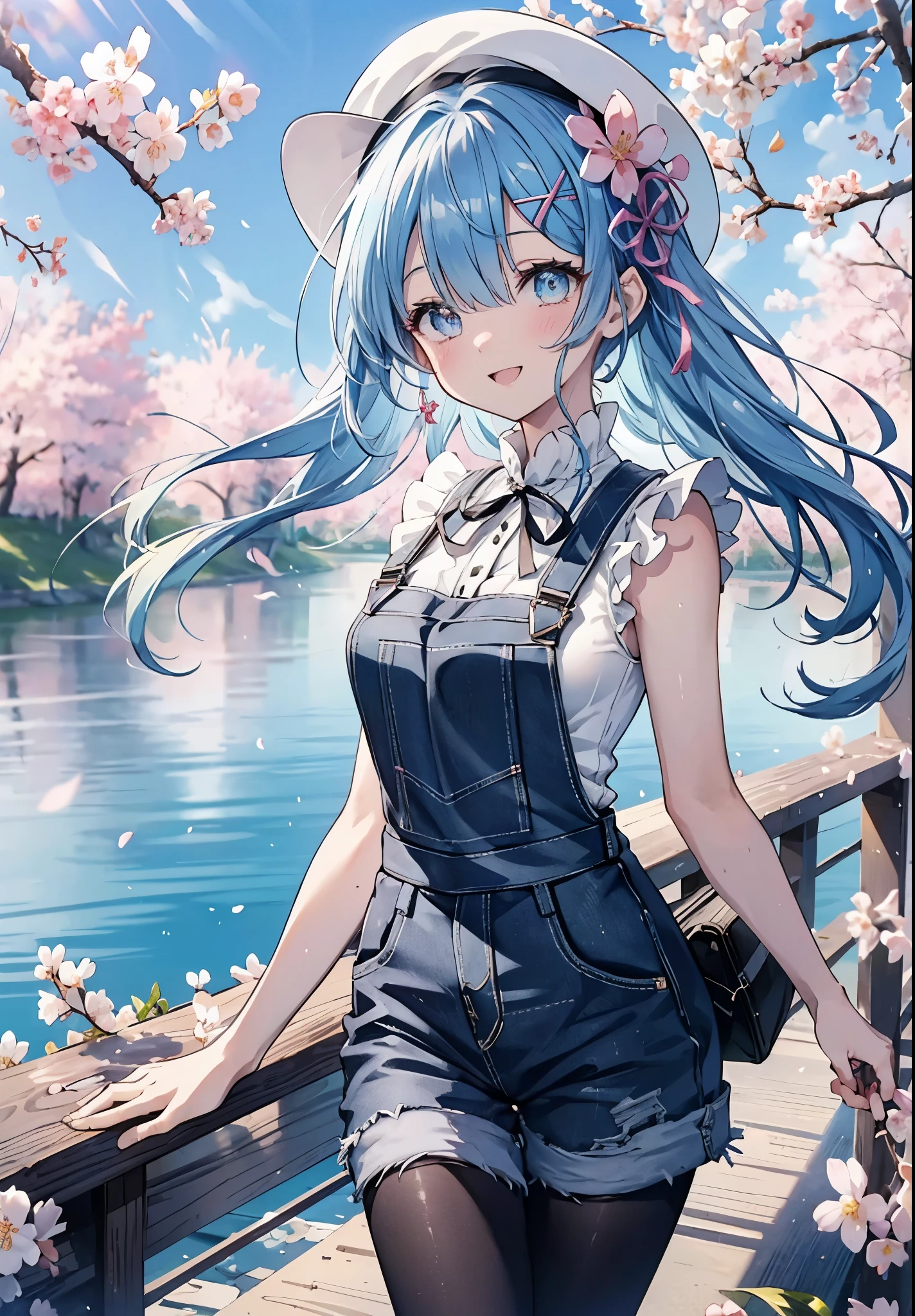 rezeroRem, Rem, blue eyes, blue hair, hair ornaments, hair above one eye, hair ribbon, long hair, x hair ornaments,happy smile, smile, open your mouth,skirt,Hunting Hat,Pink tank top shirt,bare arms,denim overalls,shorts,black tights,Mini Boots,cherry blossoms,cherry blossoms並木道,cherry blossomsが咲いている,cherry blossomsが散っている,morning,morning日,the sun is rising,
break outdoors, garden,
break looking at viewer, (cowboy shot:1. 5)
break (masterpiece:1.2), highest quality, High resolution, unity 8k wallpaper, (figure:0.8), (detailed and beautiful eyes:1.6), extRemely detailed face, perfect lighting, extRemely detailed CG, (perfect hands, perfect anatomy),