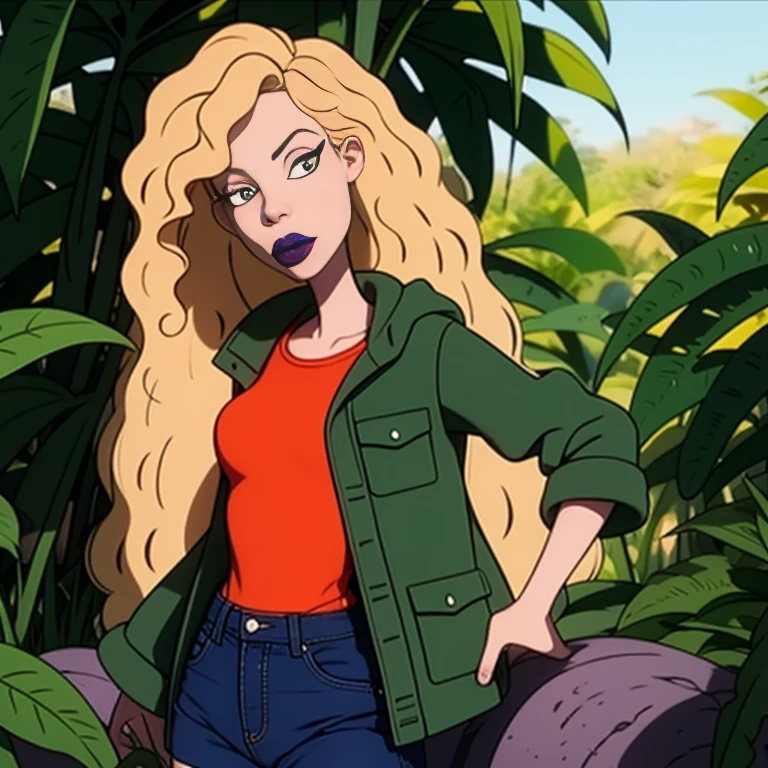 debbieb3rry, in jungle, long curly blonde hair, green jacket, orange shirt, torn jeans, purple lips, (intricate details), perfect eyes, perfect face, perfect lighting, beautiful, (masterpiece:1.2), (best quality:1.2)