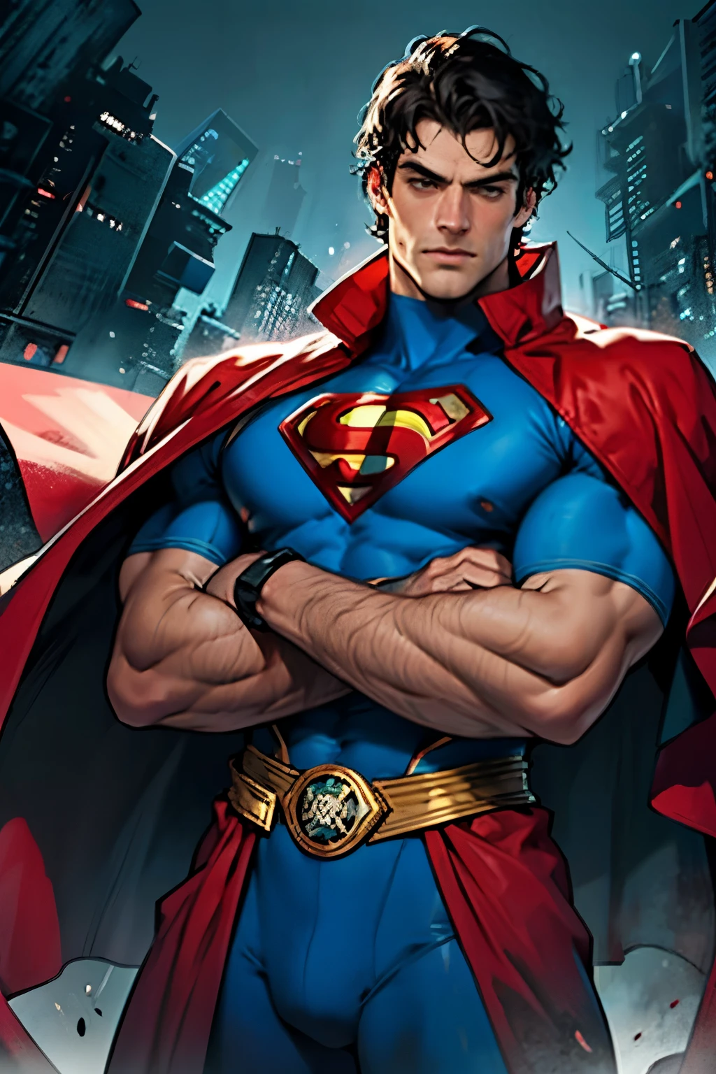 1 man, solo, Henry Cavill as Superman, 40s year old, all blue and red details suit, bare hands, big red S symbol on the chest, red cape, strain of hair covering forehead, short cut hair, tidy hair, tall, manly, hunk body, muscular, wide shoulder, straight face, black hair, best quality, high resolution:1.2, masterpiece, photorealism, dark background, detailed suit, detailed face, upper body shot, crossed arms, runic scene in the background
