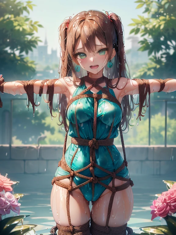 小さなgirl、Face photo、Face up、The arrival of spring、big ass、 (alone:1.5,)Super detailed,bright colors, very beautiful detailed anime face and eyes, look straight, ;d, shiny_skin,girl, ((Turquoise long hair,The inner color is red 、forehead is exposed.、green eyes、、shiny hair, delicate beautiful face, blush、(turquoise eyes), White skin, Valletta, earrings,、Hotel、torture chamber、(((Floral pink.one piece)))、twin tails、、pantyhose,(((hentai rope bondage, (brown rope), shibari:1.6, ((turn your arms behind your back:1.4), Breast bondage, arm shackles, Leg shackles, Crotch rope), wet crotch))), painful face、drooling