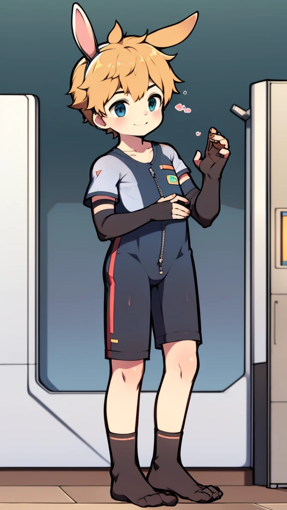 ((A young boy)),(Youthful feeling),One-piece mountaineering suit,slender figure,Healthy limbs,goggles,fingerless gloves,cotton socks,short sleeves,Smile,Rabbit ears,Rabbit Tail,standing,Pull down the zipper