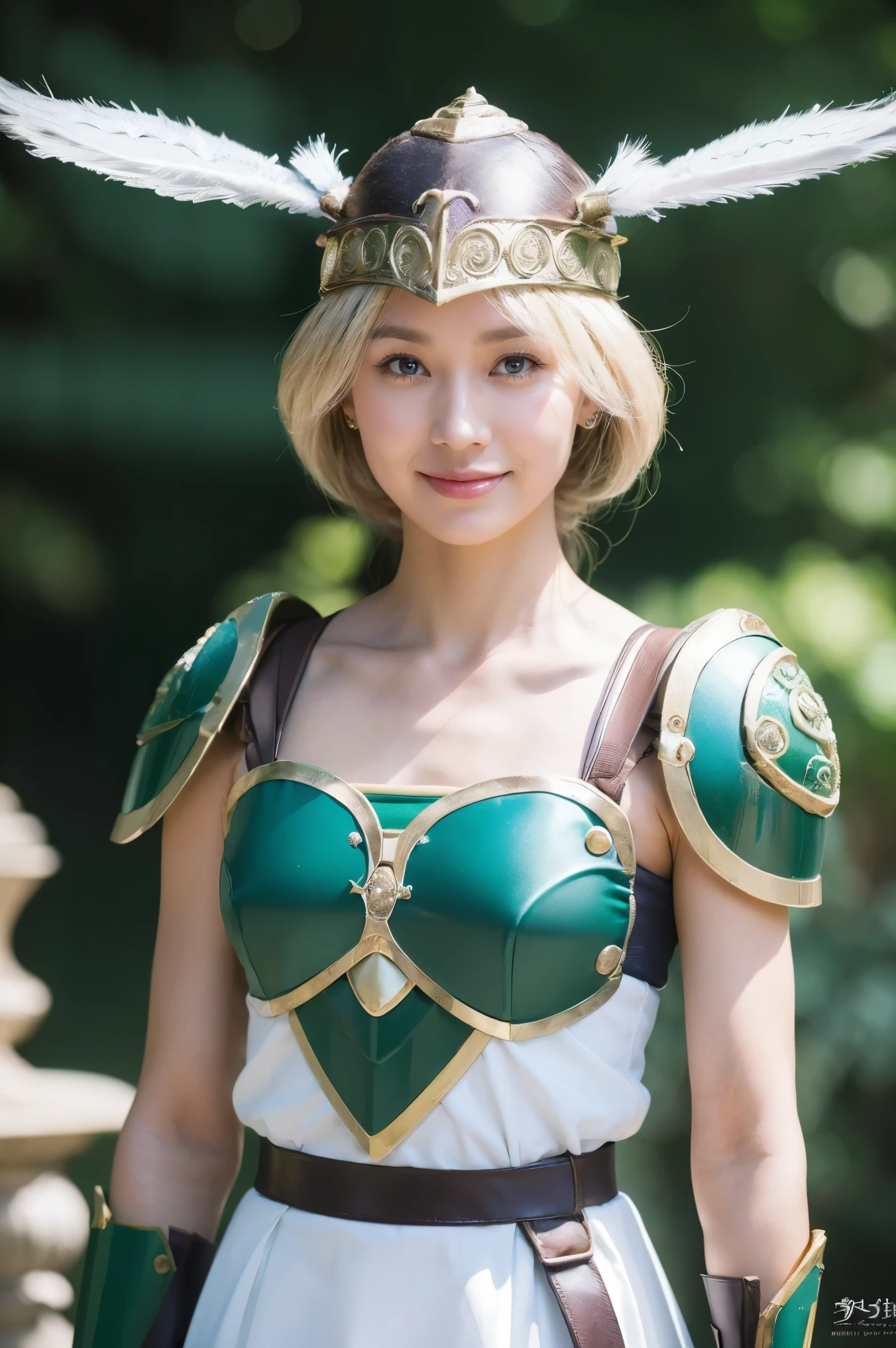 Valkyrie、medium view, medium shot, Depth of written boundary, bust, Upper body, cinematic angle, masterpiece, highest quality, Super detailed, cg, 8k wallpaper, beautiful face, delicate eyes, maiden, alone, smile, bangs, skirt, shirt, have a sword, Dark green armor、white dress, Green feathered helmet