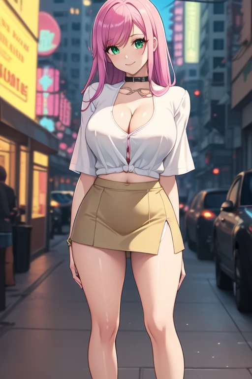 1 girl, 19 years old, Long pink hair, green eyes with slit pupils, master-piece, best quality, (standing up), (white buttoned crop blouse), (tight short sleeve white crop blouse, beige pencil mini skirt, pink wedge heels, cleavage),  (Big , ultra gigantic , Super super big, Glamorous body), Make eye contact with the camera, front figure, looking forward, (light_Smile:1.5), (Detailed hands and fingers:1.2) (Cyberpunk City), (FULL BODYSHOT), thighs thighs thighs thighs、beauty legs、Bare legs