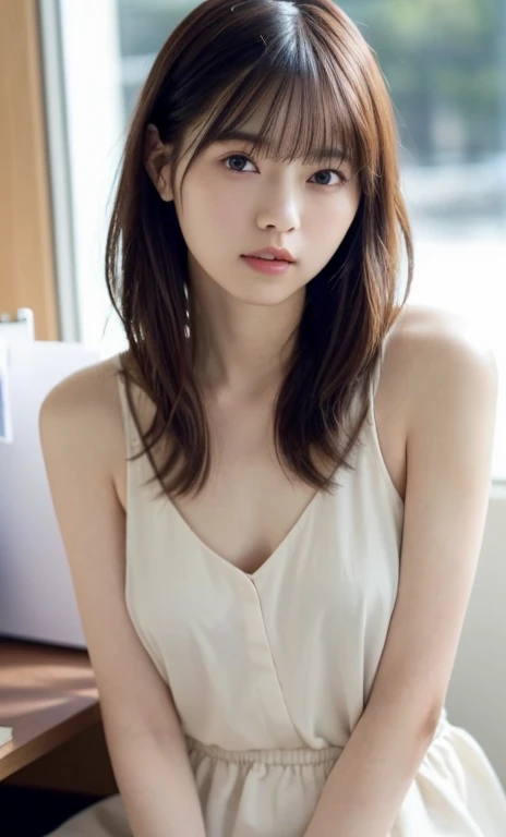 masterpiece、highest quality、16K、ultra high resolution、UHD,Depth of the bounds written、very detailed、soft light、professional lighting、Pale shading、Weak contrast、Japanese、beautiful girl、slender woman、Smooth, silky skin、clear white skin、daytime office、Window seat、sitting in front of the computer、A tight, vibrant lavender knit dress that hugs her breasts、(smooth and beautiful thighs:1.6)、(small breast:1.0)、flat chest、Childlike breasts、small areola、small nipples、beautiful nipples、Cherry-colored nipples、white breast、fine and beautiful eyes、(hanging eyes)、(thin eyebrows:1.8)、(thin lips:1.8)、natural makeup、natural color lip、gentle smile、(floating hair、long wavy hair、high ponytail),(The bangs are see-through bangs)、