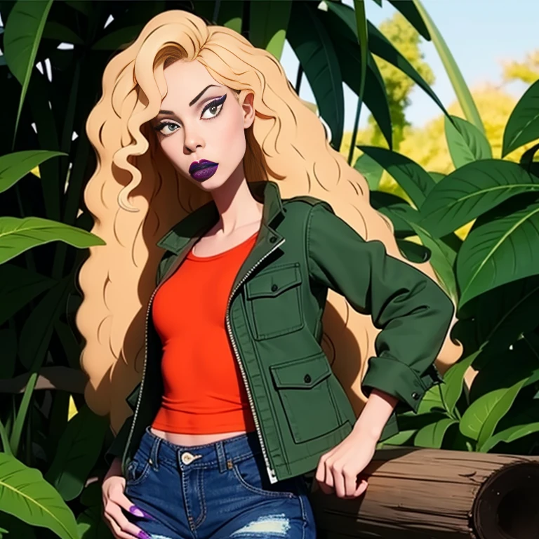 debbieb3rry, in jungle, long curly blonde hair, green jacket, orange shirt, torn jeans, purple lips, (intricate details), perfect eyes, perfect face, perfect lighting, beautiful, (masterpiece:1.2), (best quality:1.2)