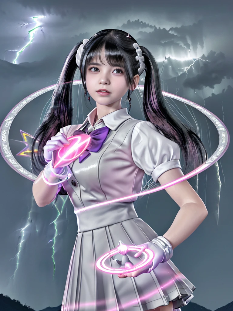 (RAW image quality:1.4)、highest quality、masterpiece、ultra high resolution、(Photoreal:1.4)、RAW photo、Detailed CG image quality、cyber punk、beautiful face、(1 Magical Girl)、, (black hair with twin tails:1.4), (white ribbon for hair), (platinum silver accessories:1.4)、(white school uniform:1.4)、(big breasts thin waist)、(purple eyes:1.3), (The power of shining eyes:1.2), (has a white wizard&#39;s wand:1.4), ((A pale ball of intense light emitted from the staff.:1.4)), (Thunder resounds from every part of my body:1.4)、detailed portrait、8K quality、bright colors、concept art、cinematic and dramatic atmosphere、sharp focus、volume lighting、movie lighting、Acquire studio quality、(neon lighting)、written boundary depth、environmental lighting、(Shallow い depth of writing)、blurred foreground、blurred background:1.3, (Rainy night:1.4), (((Severe lightning strike:1.4))), ((A huge magic circle that glows pink:1.4))、Raging Heart、random battle pose、