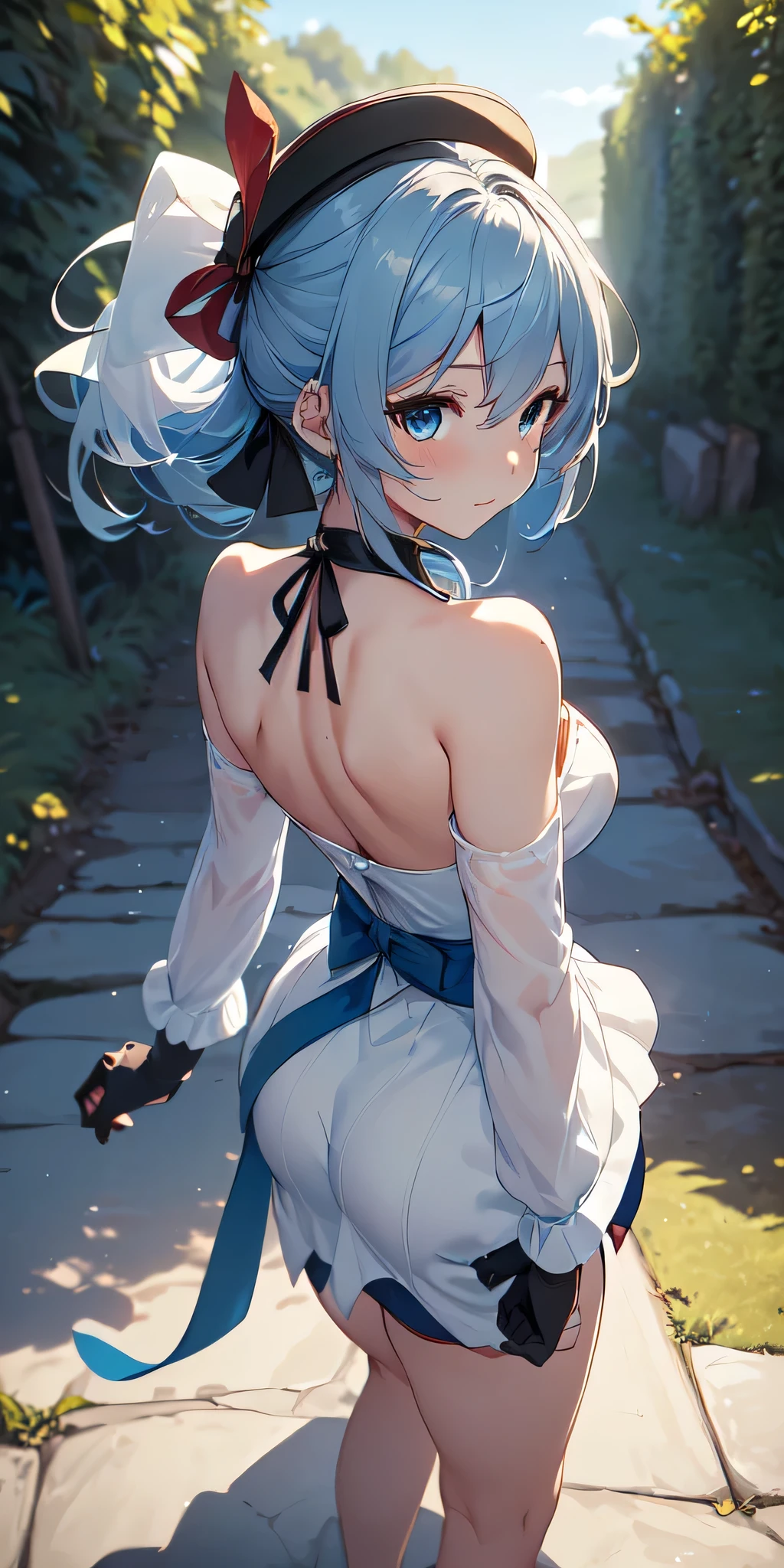 All the intricate details: "(a girl from the video game: (Genshin Impact,
character Furina) with a dress and a long skirt standing next to a kind of stone wall with stars, 1 girl view, long hair, (furina), alone, gloves, smile, red eyes, fingerless gloves, black gloves, look to the viewer, hair decoration, bare shoulders, bangs, water, closed mouth, hair between eyes, blue eyes, blue hair, white hair, highlighted hair, gloves, hat, white gloves, blue hats, ahoge, black gloves, long sleeves, ascot, jewelry, brooch, black hats, ruffles, random pose, random angle)"