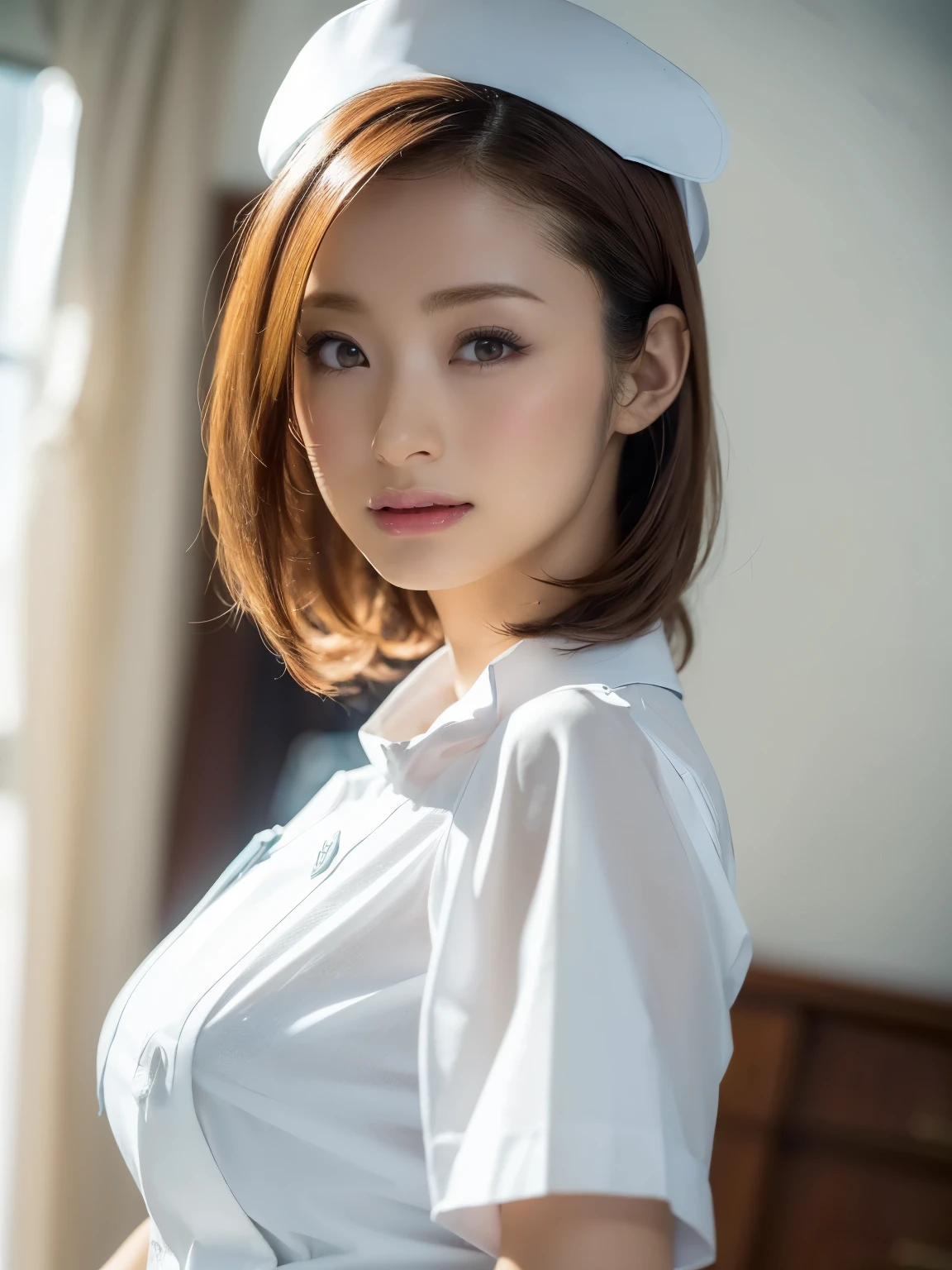 1 girl,(Wearing white nurse clothes:1.2),(Raw photo, highest quality), (realistic, photo-realistic:1.4), masterpiece, very delicate and beautiful, very detailed, 2k wallpaper, wonderful, finely, very detailed CG unity 8k wallpaper, Super detailed, High resolution, soft light, beautiful detailed girl, very detailed eyes and face, beautifully detailed nose, finely beautiful eyes, nurse, perfect anatomy, black hair, up style, nurse uniform, ((nurse cap)), long skirt, nurse, white costume, thin, hospital, clear, white uniform, hospital room, Neck auscultation,close your face,