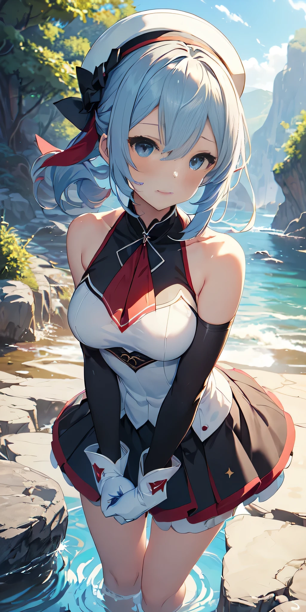 All the intricate details: "(a girl from the video game: (Genshin Impact,
character Furina) with a dress and a long skirt standing next to a kind of stone wall with stars, 1 girl view, long hair, (furina), alone, gloves, smile, red eyes, fingerless gloves, black gloves, look to the viewer, hair decoration, bare shoulders, bangs, water, closed mouth, hair between eyes, blue eyes, blue hair, white hair, highlighted hair, gloves, hat, white gloves, blue hats, ahoge, black gloves, long sleeves, ascot, jewelry, brooch, black hats, ruffles, random pose, random angle)"