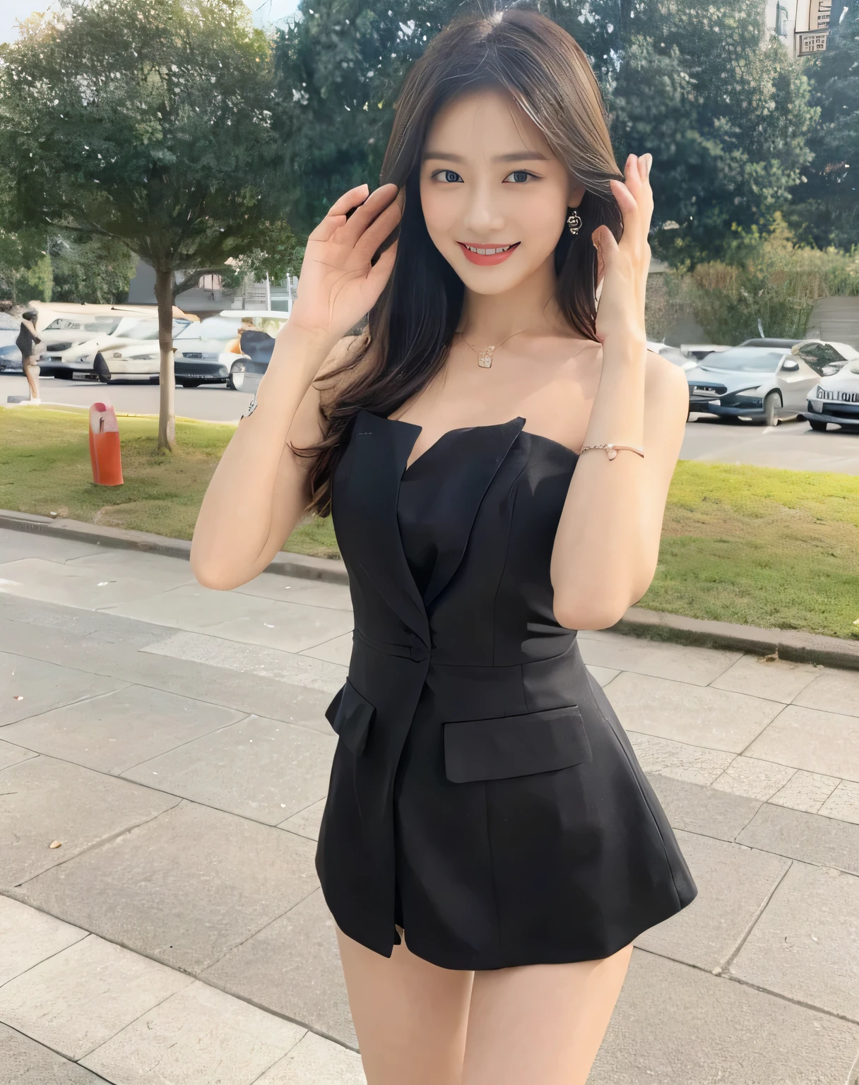 (on the table, best quality, realistically, super detailed, meticulous, High resolution, 8k wallpaper), Close-up portrait of a beautiful woman, like, Smile, light brown messy hair, Perfect dynamic composition, beautiful meticulous eyes, Just like the cover of a fashion magazine, on campus