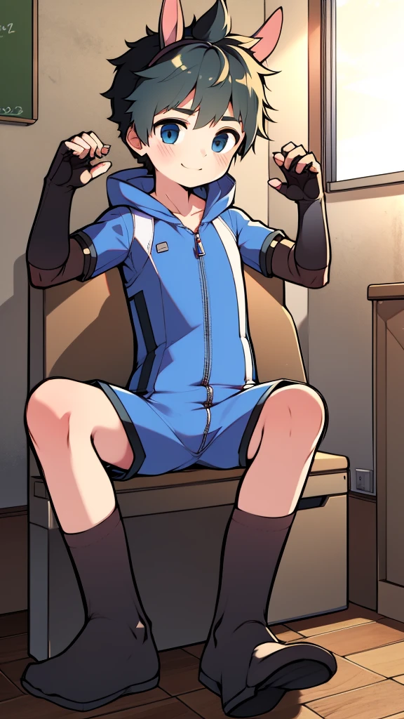 ((A young boy))，(Youthful feeling)，One-piece mountaineering suit，slender figure,Healthy limbs，goggles，fingerless gloves，cotton socks，short sleeves，Smile，Rabbit ears，Pull down the zipper，classroom，sit on the chair