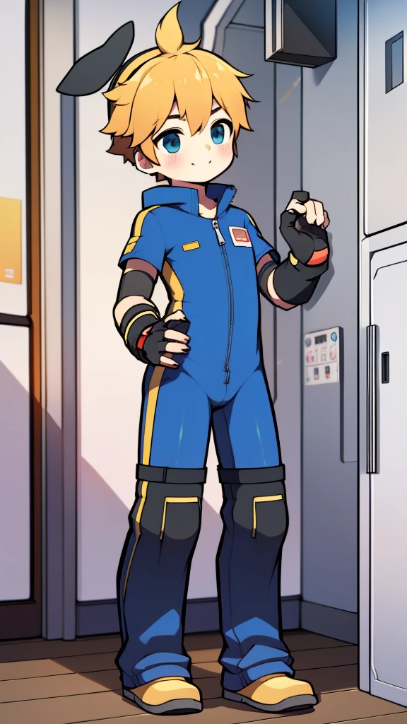 ((A young boy)),(Youthful feeling),One-piece mountaineering suit,slender figure,Healthy limbs,goggles,fingerless gloves,cotton socks,short sleeves,Smile,Rabbit ears,standing,Pull down the zipper