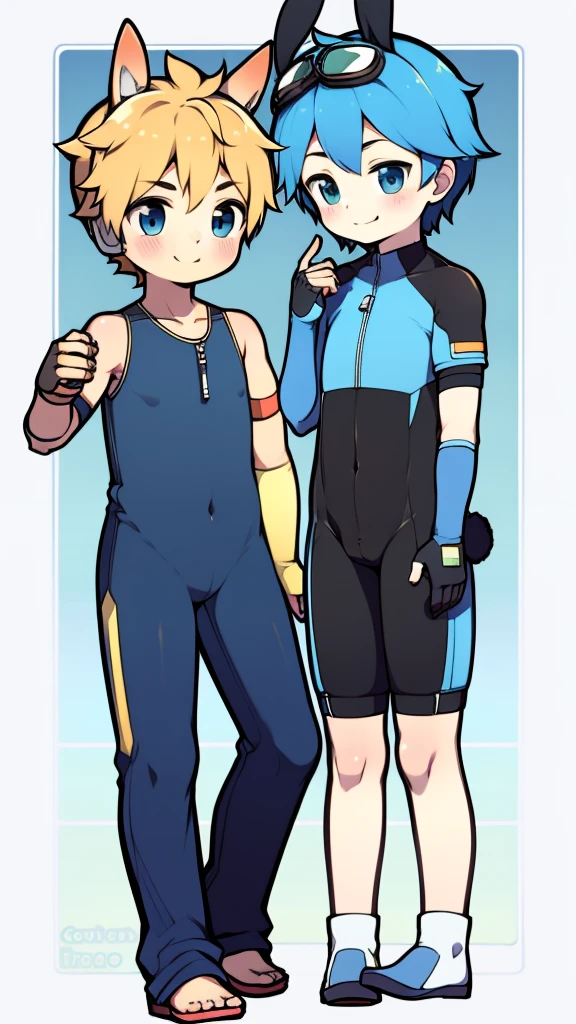 ((A young boy))，(Youthful feeling)，One-piece mountaineering suit，slender figure,Healthy limbs，goggles，fingerless gloves，cotton socks，short sleeves，Smile，Rabbit ears，standing，Pull down the zipper