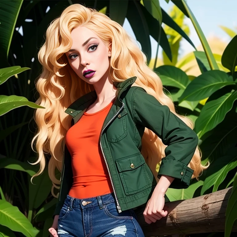 debbieb3rry, in jungle, long curly blonde hair, green jacket, orange shirt, torn jeans, purple lips, (intricate details), perfect eyes, perfect face, perfect lighting, beautiful, (masterpiece:1.2), (best quality:1.2)