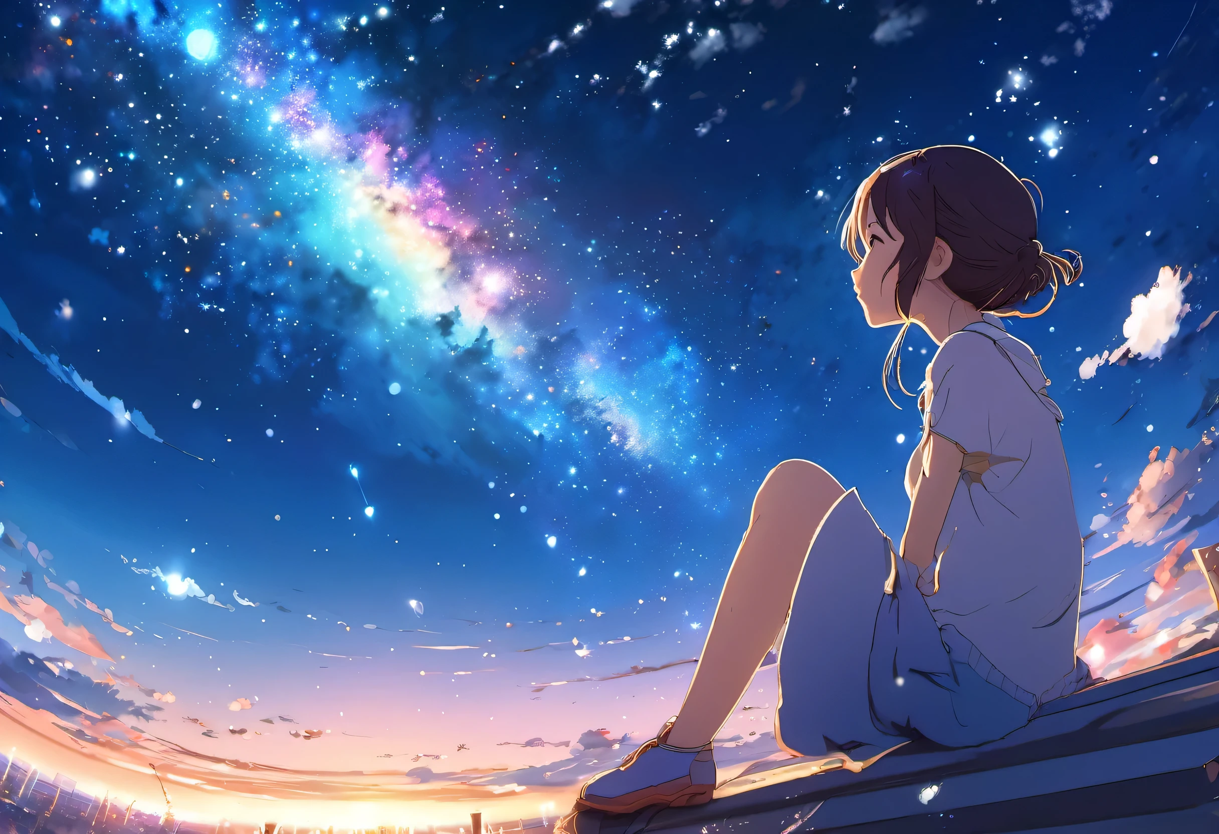 Anime girl looking at the stars in the sky, 4k anime wallpaper, anime art wallpaper 4k, anime art wallpaper 4k, anime wallpaper 4k, anime wallpaper 4k, anime art wallpaper 8k, makoto shinkai cyril rolando, space sky. by makoto shinkai, anime style 4k, anime sky, anime atmosphere