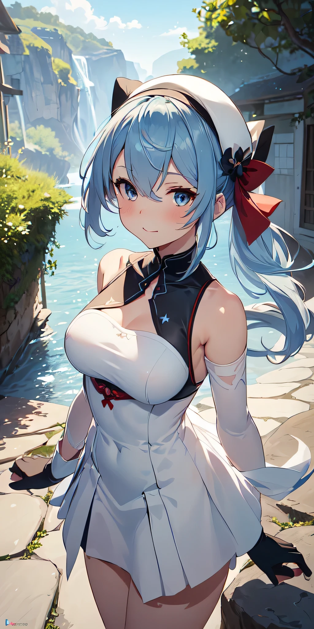 All the intricate details: "(a girl from the video game: (Genshin Impact,
character Furina) with a dress and a long skirt standing next to a kind of stone wall with stars, 1 girl view, long hair, (furina), alone, gloves, smile, red eyes, fingerless gloves, black gloves, look to the viewer, hair decoration, bare shoulders, bangs, water, closed mouth, hair between eyes, blue eyes, blue hair, white hair, highlighted hair, gloves, hat, white gloves, blue hats, ahoge, black gloves, long sleeves, ascot, jewelry, brooch, black hats, ruffles, random pose, low angle, see tanga, tanga shot)"