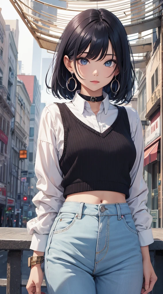 最high quality、best image quality、masterpiece、age girl((white shirt、black long pants、18-year-old、 Agar、vest bust、big bast,black eye, blue hair、Slender,big valley、Red lipstick makeup on eyelids、cute earrings、silver watch、chest to chest、Please bring a digital camera)),high quality、beautiful art、With background((blank、photo studio))masterpiece、Depth of the bounds written,camera film style