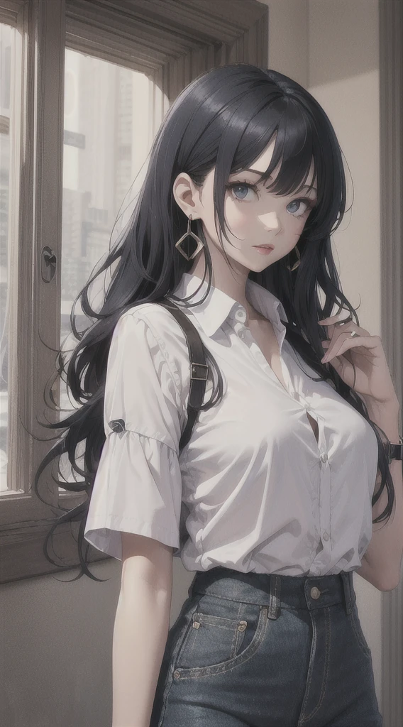 最high quality、best image quality、masterpiece、teenage girl((white shirt、black long pants、18-year-old、 Agar、vest bust、big bast,black eye, blue hair、Slender,big valley、Red lipstick makeup on eyelids、cute earrings、silver watch、chest to chest、Please bring a digital camera)),high quality、beautiful art、With background((blank、photo studio))masterpiece、Depth of the bounds written,camera film style
