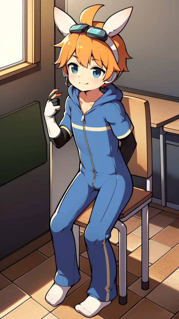 ((A young boy)),(Youthful feeling),One-piece mountaineering suit,slender figure,Healthy limbs,goggles,fingerless gloves,cotton socks,short sleeves,Smile,Rabbit ears,Pull down the zipper,classroom,sit on the chair