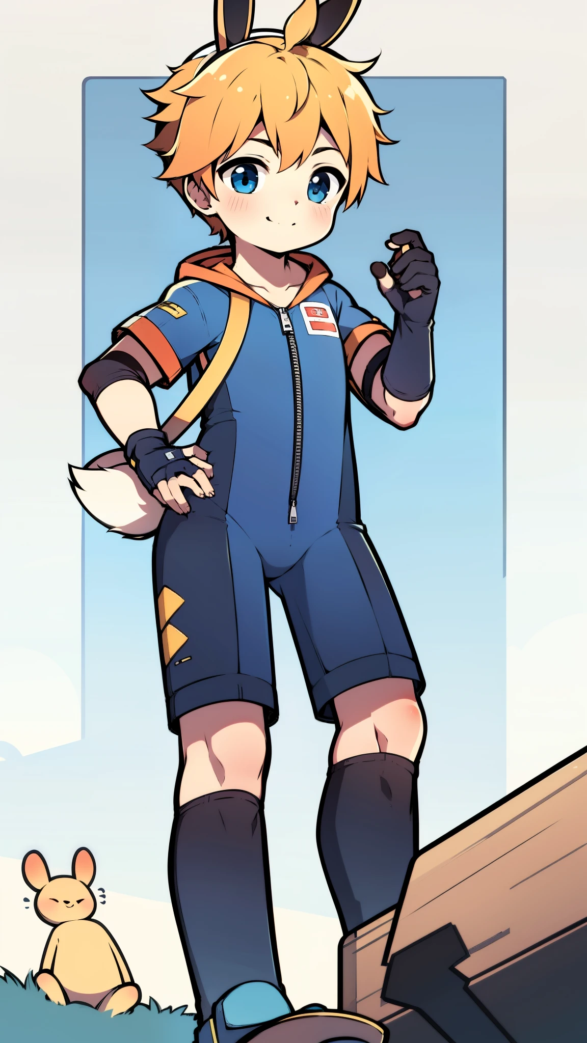 ((A  boy))，(Youthful feeling)，One-piece mountaineering suit，slender figure,Healthy limbs，goggles，fingerless gloves，cotton socks，short sleeves，Smile，Rabbit ears，standing，Pull down the zipper