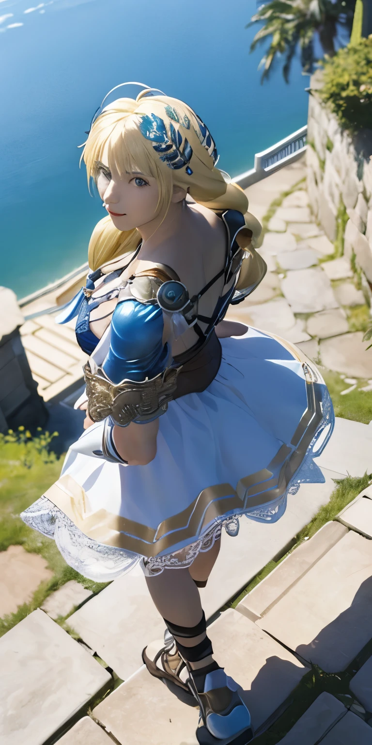 (masterpiece, best quality:1.3), Sophitia Alexandra, Soul Calibur, (from above:1.5), 28 years old, gold hair, braid hair,