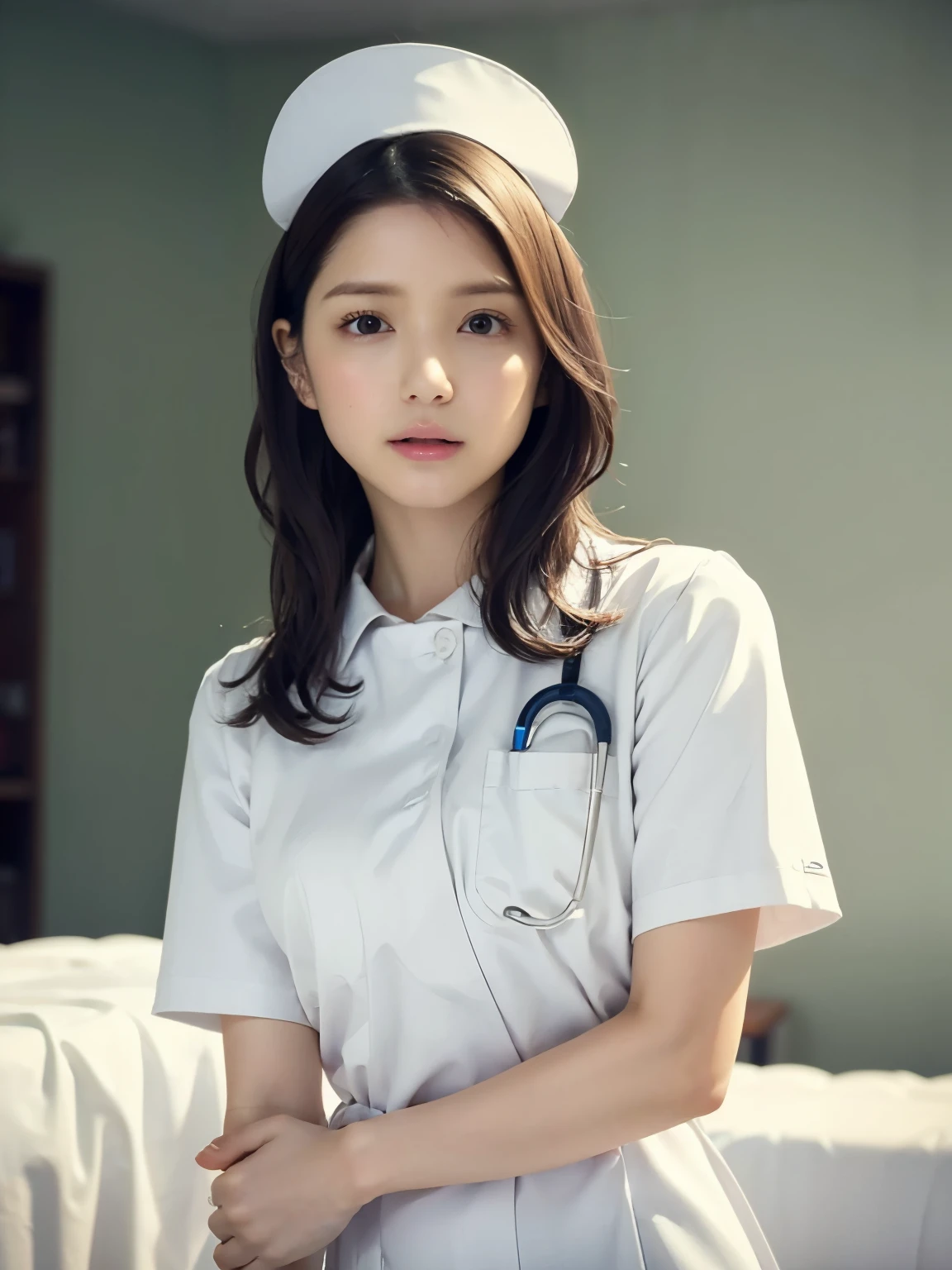 1 girl,(Wearing white nurse clothes:1.2),(Raw photo, highest quality), (realistic, photo-realistic:1.4), masterpiece, very delicate and beautiful, very detailed, 2k wallpaper, wonderful, finely, very detailed CG unity 8k wallpaper, Super detailed, High resolution, soft light, beautiful detailed girl, very detailed eyes and face, beautifully detailed nose, finely beautiful eyes, nurse, perfect anatomy, black hair, up style, nurse uniform, ((nurse cap)), long skirt, nurse, white costume, thin, hospital, clear, white uniform, hospital room, Neck auscultation,close your face,