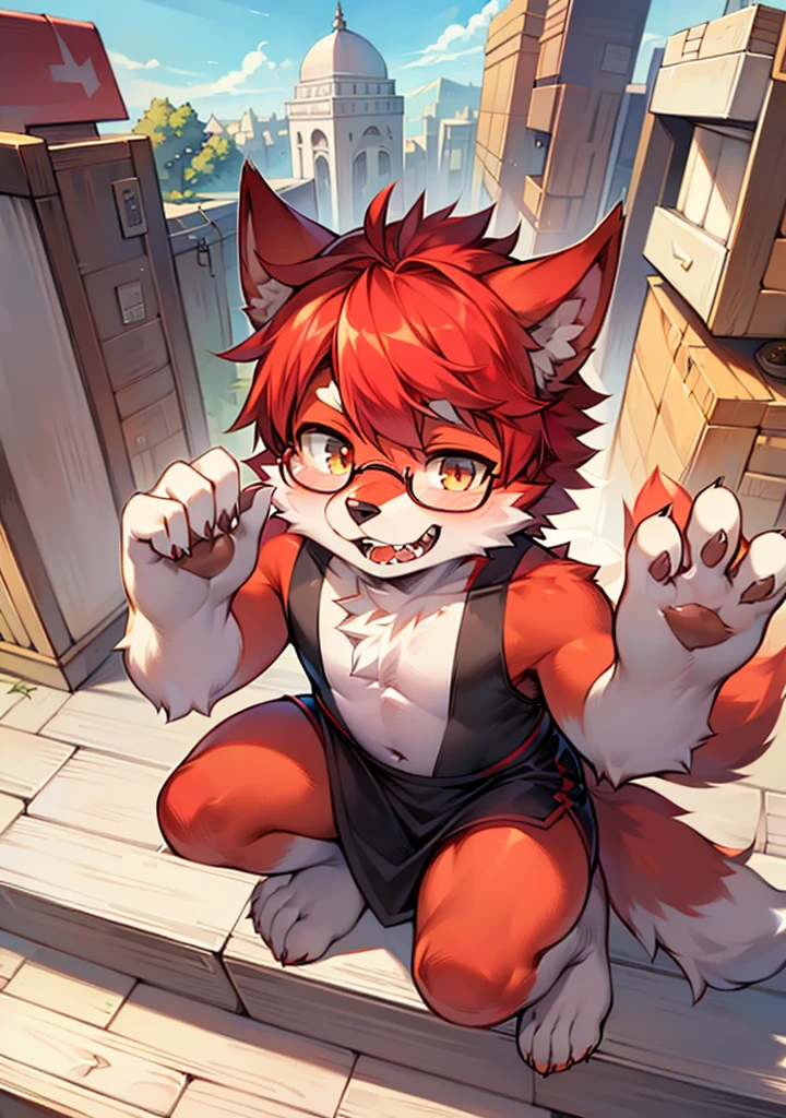 wear glasses,masterpiece, high quality, H, number \(artwork\), Cutting thick snacks, Yes,Kiyoyama,Red hair all over, male wolf,short hair,portrait, Bright Eyes,The eyes are gray，With black bow，white belly，The tip of the tail is white，White palms and soles，Palm White，Meatballs pink panorama,Character focus.(Detailed background:0.7),alone,hairy,hairy male ,male focus,Hana Charcoal,(Full body fur, hairy尾巴, red fur,),long canine teeth，uniform，sniper rifle