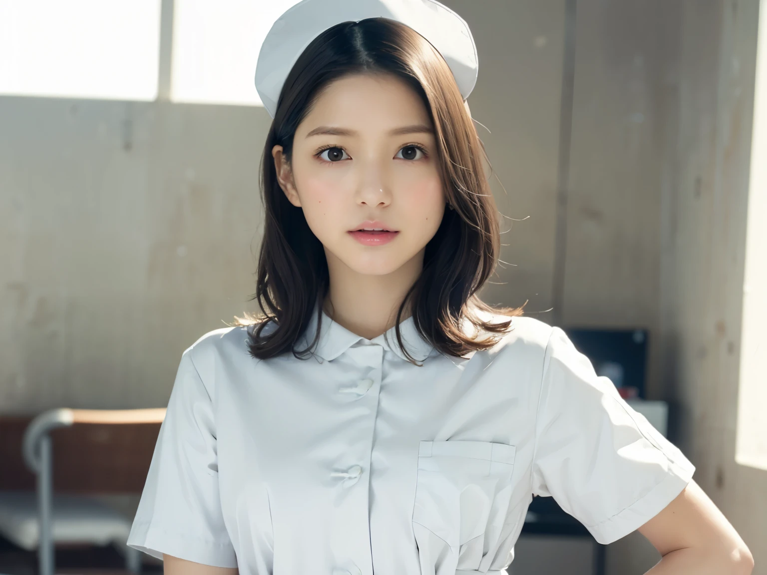 1 girl,(Wearing white nurse clothes:1.2),(Raw photo, highest quality), (realistic, photo-realistic:1.4), masterpiece, very delicate and beautiful, very detailed, 2k wallpaper, wonderful, finely, very detailed CG unity 8k wallpaper, Super detailed, High resolution, soft light, beautiful detailed girl, very detailed eyes and face, beautifully detailed nose, finely beautiful eyes, nurse, perfect anatomy, black hair, up style, nurse uniform, ((nurse cap)), long skirt, nurse, white costume, thin, hospital, clear, white uniform, hospital room, Neck auscultation,close your face,