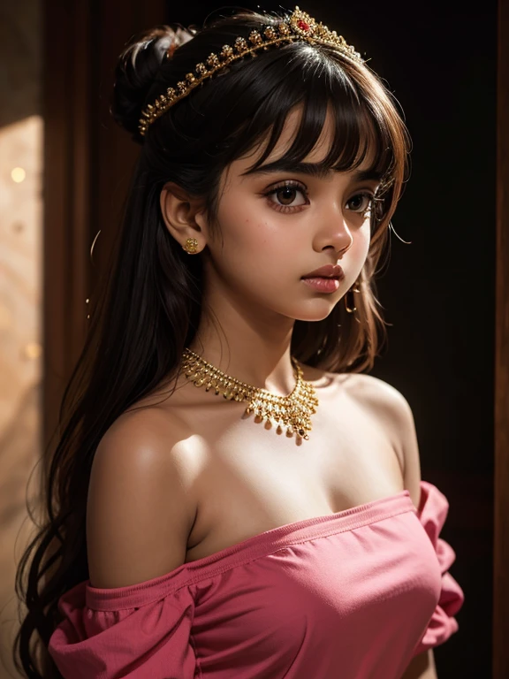 sexy indian girl round innocent face in off shoulder top very cute glowing face, innocent face, girl, drama queen, tantrums,
(ultra realistic,32k, masterpiece:1.2),(high detailed skin:1.1),( high quality:1.1), looking at viewer, (beautifully lit:1.1), blurry background, black puffed bun hair, bangs, (pink lips:0.9), medium breasts:(0.5) mascara,