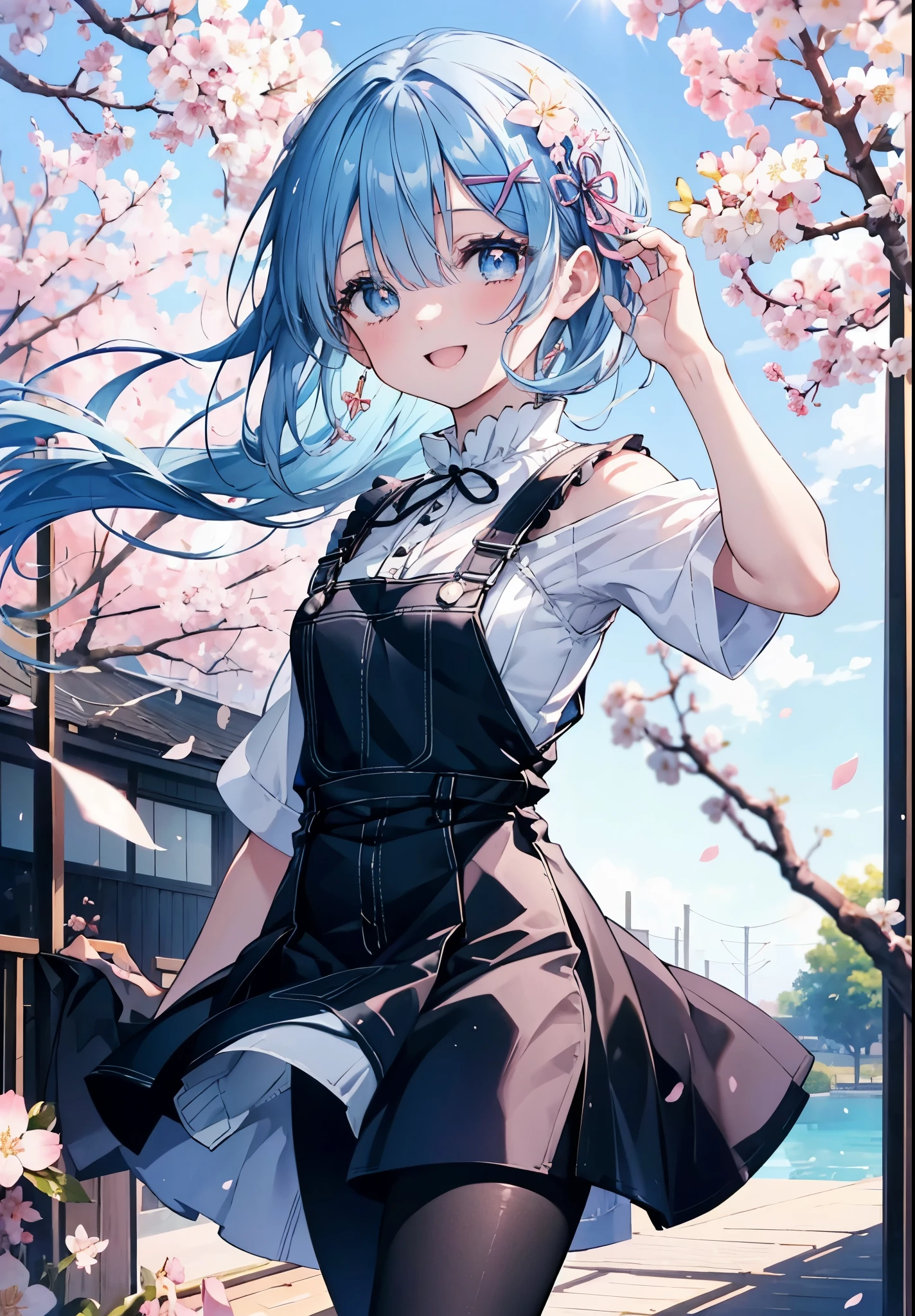 rezeroRem, Rem, blue eyes, blue hair, hair ornaments, hair above one eye, hair ribbon, long hair, x hair ornaments,happy smile, smile, open your mouth,skirt,Pink tank top shirt,bare arms,denim overalls,shorts,black tights,Mini Boots,cherry blossoms,cherry blossoms並木道,cherry blossomsが咲いている,cherry blossomsが散っている,morning,morning日,the sun is rising,
break outdoors, garden,
break looking at viewer, (cowboy shot:1. 5)
break (masterpiece:1.2), highest quality, High resolution, unity 8k wallpaper, (figure:0.8), (detailed and beautiful eyes:1.6), extRemely detailed face, perfect lighting, extRemely detailed CG, (perfect hands, perfect anatomy),