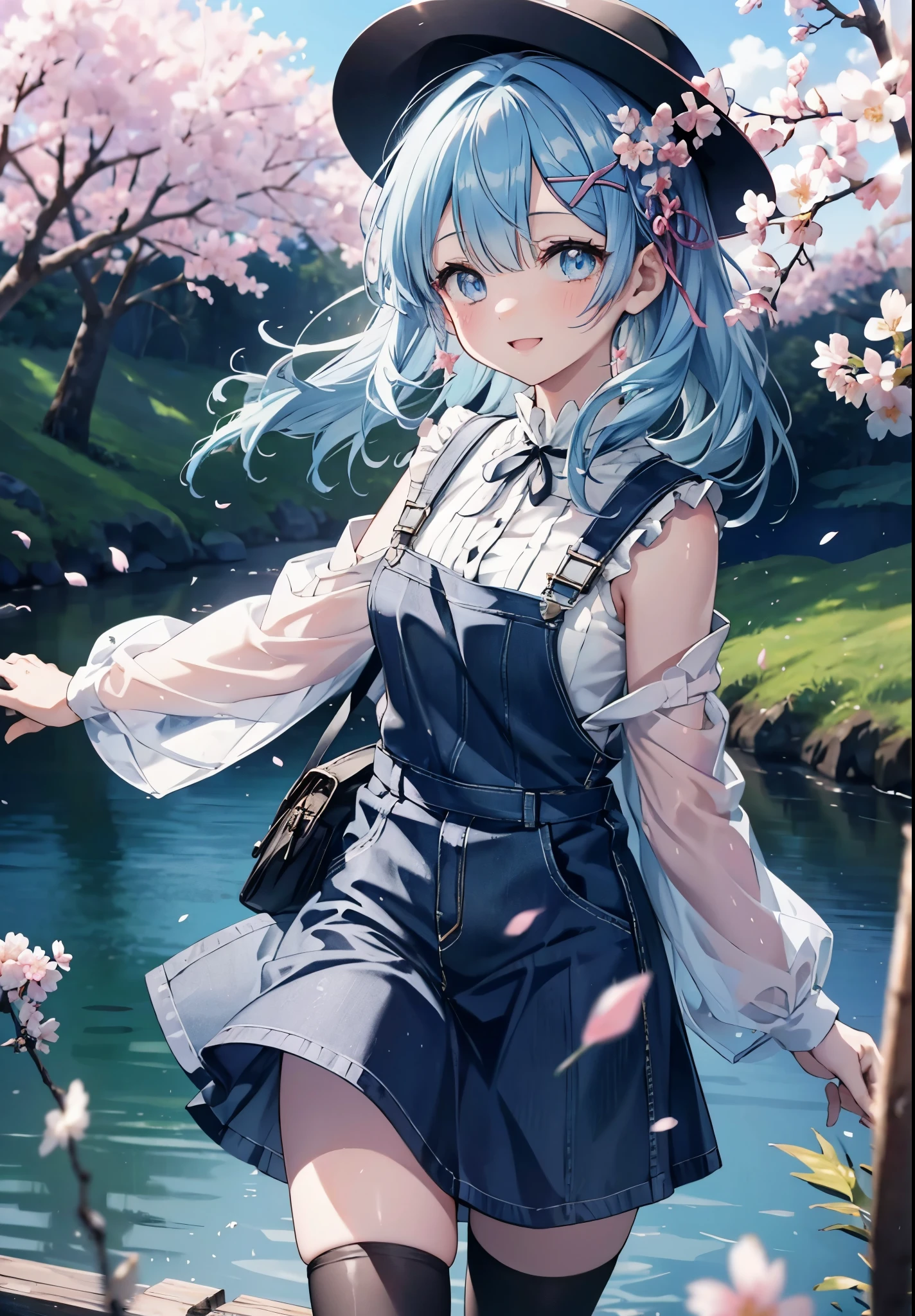 rezeroRem, Rem, blue eyes, blue hair, hair ornaments, hair above one eye, hair ribbon, long hair, x hair ornaments,happy smile, smile, open your mouth,skirt,Hunting Hat,Pink tank top shirt,bare arms,denim overalls,shorts,black tights,Mini Boots,cherry blossoms,cherry blossoms並木道,cherry blossomsが咲いている,cherry blossomsが散っている,morning,morning日,the sun is rising,
break outdoors, garden,
break looking at viewer, (cowboy shot:1. 5)
break (masterpiece:1.2), highest quality, High resolution, unity 8k wallpaper, (figure:0.8), (detailed and beautiful eyes:1.6), extRemely detailed face, perfect lighting, extRemely detailed CG, (perfect hands, perfect anatomy),