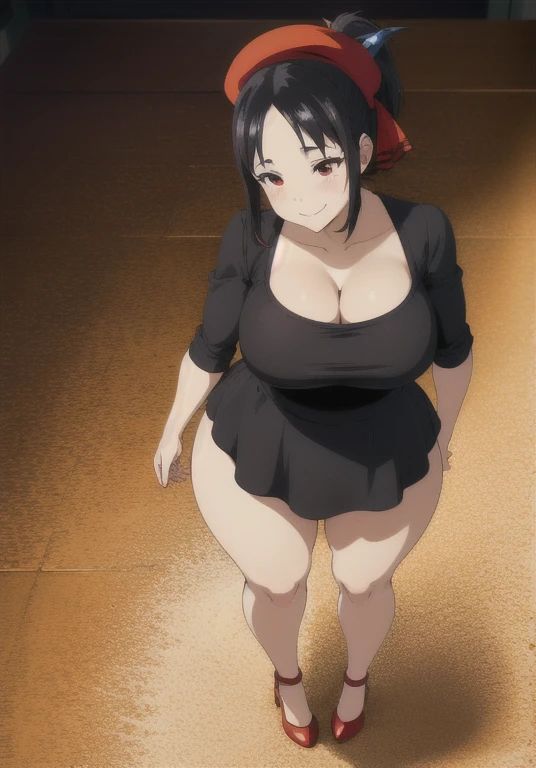 (masterpiece:1.2, best quality:1.2, beautiful, high quality, highres:1.1, aesthetic), detailed, extremely detailed, ambient soft lighting, 4K, perfect eyes, perfect face, perfect lighting, 1girl, solo, shinomiya kaguya, closed mouth, light smile, black hair, red eyes, short hair, folded ponytail, hair ribbon, black dress, red ribbon, huge ass, huge breasts, huge thighs, narrow waist, wide hips, thick thighs, curvy, ponytail, cleavage, face paint, clown outfit, colorful outfit, skintight outfit, jester hat, pointy shoes, smile,