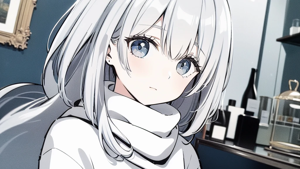 ((masterpiece, best quality))++, Detail lights+,  detail hair+, Detail hand+ ,1 girl, long gray hair,   dark blue eyes,  beautiful eyes, Young gray hair,,(beautiful white hair:1.5),(beautiful eyes),    High resolution+,   ，  Glass tones, Reflective eyeanyery detail wallpaper, original, ,scarf ，A girl at home，wearing pajamas，Warm colors，city View
