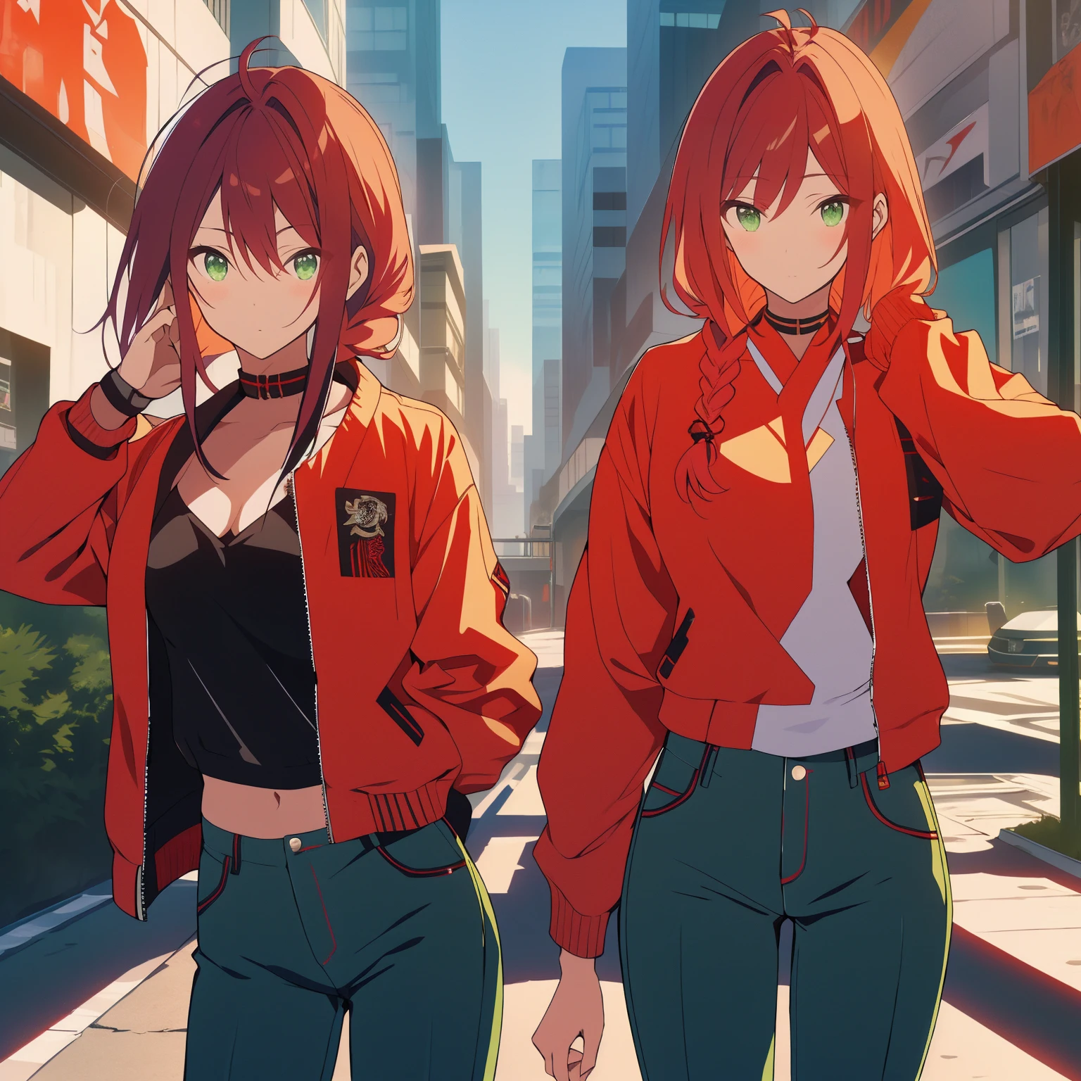 tiro de corpo inteiro, Asian woman Irina Shidou red hair with braids green eyes, em uma cidade cyberpunk, vestindo uma jaqueta bomber e um top curto e shorts jeans, ao lado de um Nissan GT-R, Tiro frontal, obra de arte, altamente detalhado