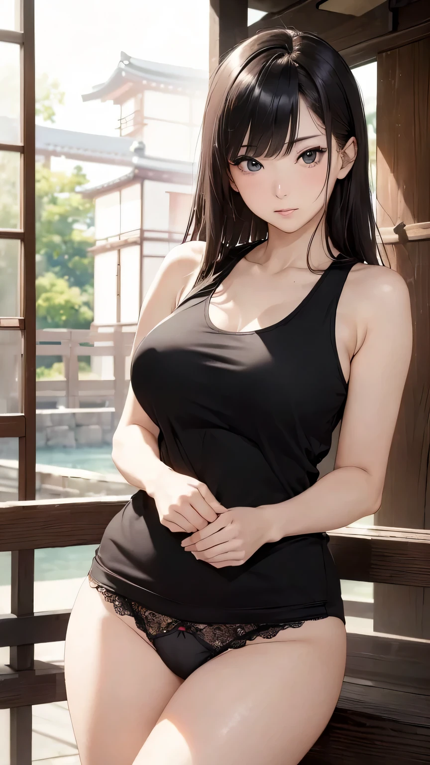 (((masterpiece))),(((High resolution)))、(((8K)))、(((perfect face)))、(((beauty of japan)))、40 years old、(((beautiful face))), (((tanktop))), ((black panty)), embarrassed look, look at the camera, (thighs)、top quality eyes, detailed texture, look at the camera, standing, plump, big tits