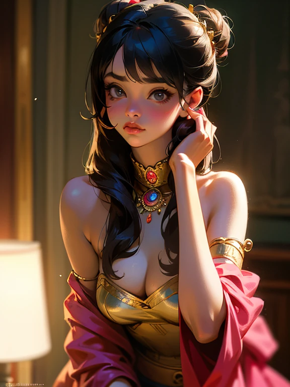 sexy indian girl round innocent face in off shoulder top very cute glowing face, innocent face, girl, drama queen, tantrums,
(ultra realistic,32k, masterpiece:1.2),(high detailed skin:1.1),( high quality:1.1), looking at viewer, (beautifully lit:1.1), blurry background, black puffed bun hair, bangs, (pink lips:0.9), medium breasts:(0.5) mascara,