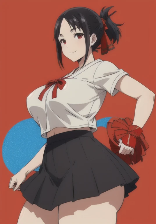 best quality, (masterpiece:1.2), detailed, shinomiya kaguya, 1girl, solo, closed mouth, light smile, black hair, red eyes, short hair, folded ponytail, hair ribbon, cheerleader, mini skirt, red ribbon, standing, looking at the viewer, huge breasts, huge ass, huge thighs, narrow waist, wide hips, thick thighs, curvy