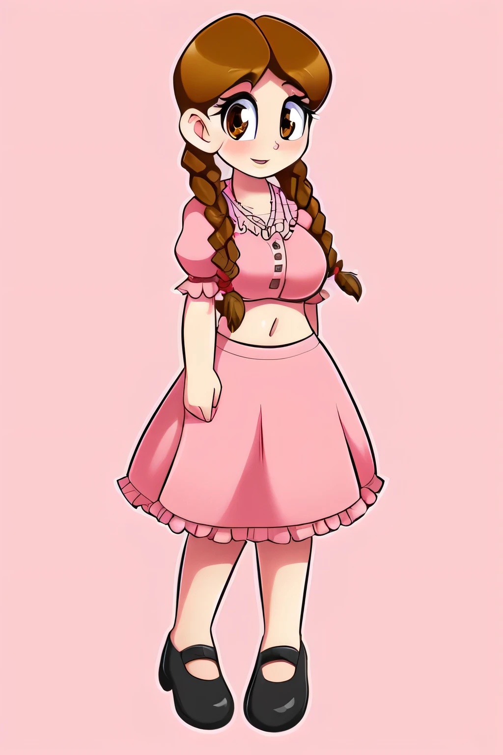A tall girl, cute, big chest, long brown hair, braids, her brown eye, she dresses in a blouse with soft pink buttons, shows her navel, her long lavender skirt, wearing black shoes.